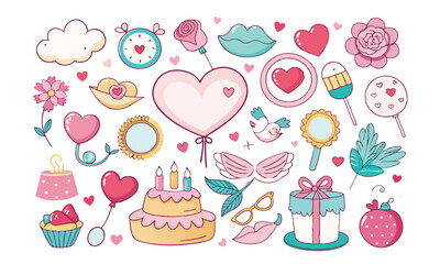 Romantic Coquette Clipart Set – Hand-Drawn Birth Day, Valentine’s Day & Wedding Elements with Hearts, Ribbons, Roses, and Vintage Love Decor
