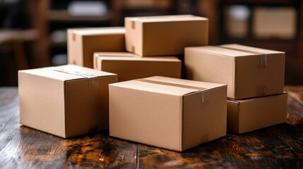 Fototapeta premium Stack of cardboard boxes on dark wooden surface
