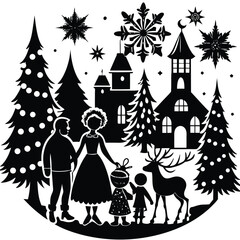 Fototapeta premium Silhouette Family Christmas Scene with Reindeer and Church