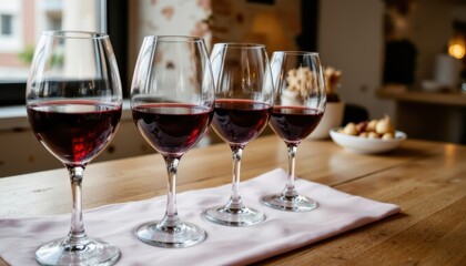 Fototapeta premium A cozy setting featuring four wine glasses filled with red wine, placed neatly on a table, enhancing the inviting atmosphere.