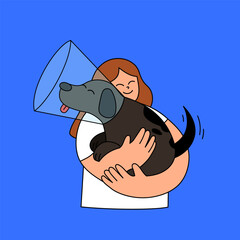 Vector illustration of a smiling woman hugging her injured brown dog wearing a protective cone. The image conveys love, care, and compassion for pets during their healing process. 