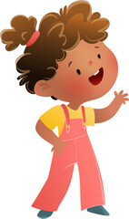 Cheerful African American Girl Child in Colorful Overalls Waving and Smiling. Happy little girl character design. Isolated vector clipart illustration for preschool kids and small children.