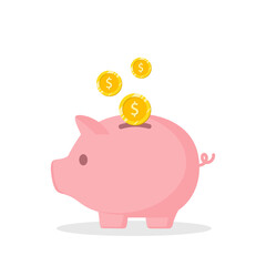 Piggy bank with dollar currency coins save money vector illustration. Saving, investing and accumulation money. Pig in a flat style. Cute pig shaped money box with falling USA gold coins.