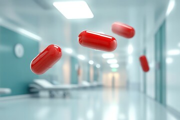 Red pills suspended in mid-air within a modern hospital corridor.