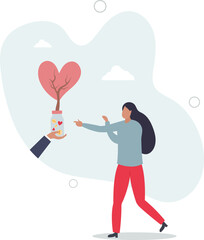 volunteer holding growing plant with heart. Assistance and protection, hope, love and support concept.flat character life .