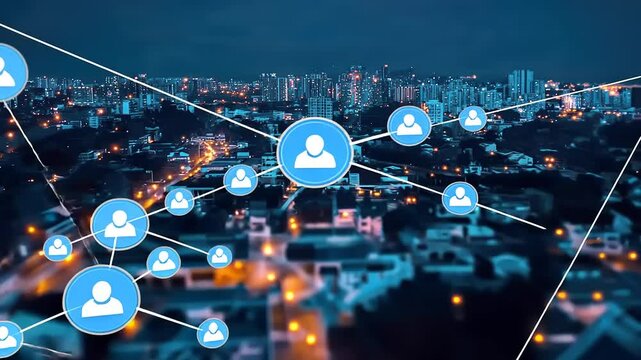 Futuristic urban network visual: Cityscape connected by social media data flow