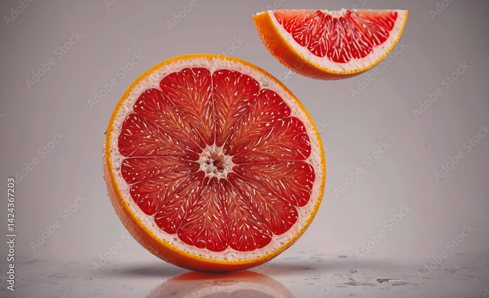 Poster Close up of a grapefruit with a slice missing. The grapefruit is cut in half and the slice is missing