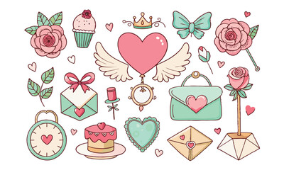 Romantic Coquette Clipart Set – Hand-Drawn Birth Day, Valentine’s Day & Wedding Elements with Hearts, Ribbons, Roses, and Vintage Love Decor