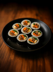 Korean kimbap rolls arranged on black ceramic dish on wooden table
