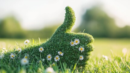 Green thumbs up covered in grass and daisies in a field of grass on a sunny day in the summer time