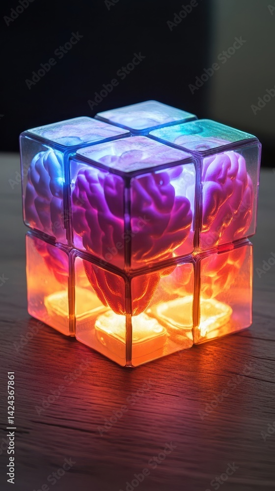 Poster a colorful cube lamp showcasing intricate 3d models of brains.