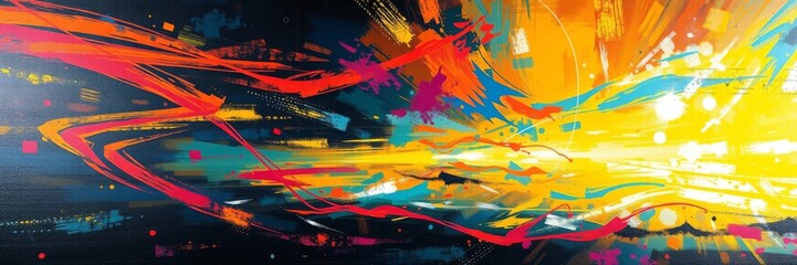 Fototapeta premium Massive acrylic painting with bold strokes and explosive colors. Bright lens glow lighting cuts through dark, textured brushwork, creating a dynamic, heroic atmosphere full of motion and energy.