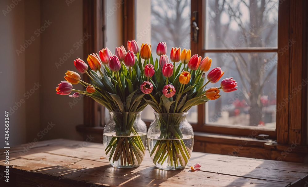 Poster two vases of tulips sit on a wooden table by a window. the tulips are in various colors, including r