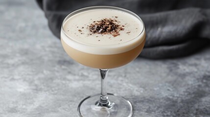 A glass of creamy white liquid with chocolate powder on top. The drink is in a tall glass and is sitting on a table