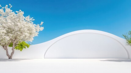 Sunny white outdoor space with flowering tree