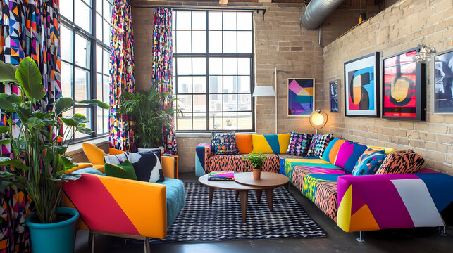 Large industrial living room featuring bold geometric patterns on curtains and upholstery