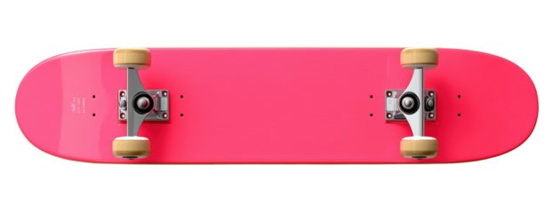 Sport, Pink skateboard with beige wheels and silver trucks, isolated on white background.

