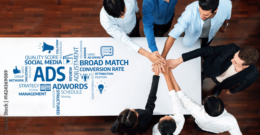 Poster a dynamic business meeting showcasing a team collaborating on advertising strategies. the image high