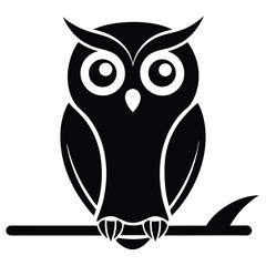 Stylized Black Owl Perched on Branch, Simple Design, Bird Icon