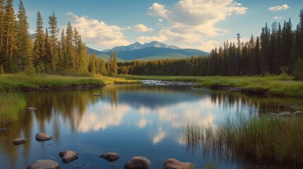 A serene lake surrounded by trees and mountains. The water is calm and still, reflecting the beauty of the landscape. Concept of peace and tranquility