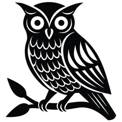 Obraz premium Stylized Black and White Owl perched on Branch, Bird Illustration