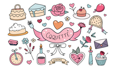Romantic Coquette Clipart Set – Hand-Drawn Birth Day, Valentine’s Day & Wedding Elements with Hearts, Ribbons, Roses, and Vintage Love Decor