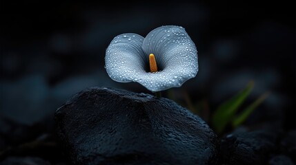 A delicate, light-blue calla lily, glistening with dew drops, rests atop a dark stone