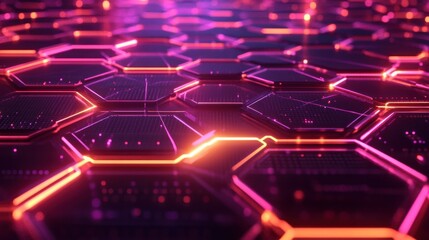 Obraz premium Abstract technology background with glowing pink and orange hexagons. Futuristic concept for digital networks, data transmission, and modern technology.