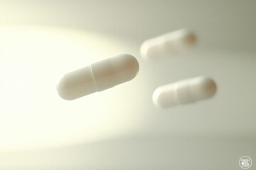 Three white capsules levitate against a soft, light background.