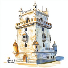 Obraz premium Belem Tower. Belem Tower hand drawn watercolor illustration
