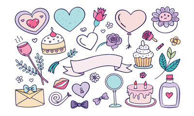 Romantic Coquette Clipart Set – Hand-Drawn Birth Day, Valentine’s Day & Wedding Elements with Hearts, Ribbons, Roses, and Vintage Love Décor