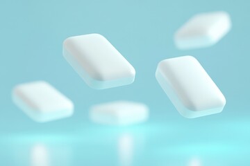 Floating, rectangular, white chewing gum pieces against a soft teal backdrop.