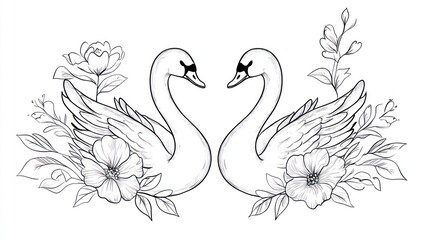 Fototapeta premium Two Swans Embrace, Floral Frame, White Background, Romantic Art, Wedding Invitation