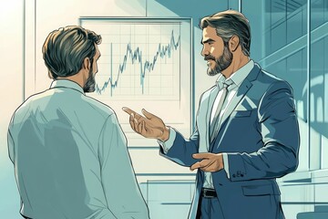 Obraz premium Two businessmen discuss business strategy, analyzing a positive growth chart in a modern office setting.