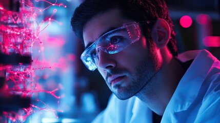 A focused scientist examines a complex neural network display.