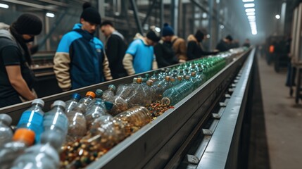 Obraz premium Recycling process with workers sorting plastic bottles in industrial setting