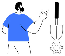 Bearded man pointing at a shovel and a gear representing manual effort, productivity, and tools. Ideal for teamwork, productivity, innovation, labor, strategy, creativity simple landing page