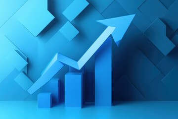 Blue upward arrow business icon on 3D abstract background symbolizing growth, progress, financial success, and data-driven performance