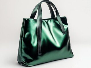 Fototapeta premium Emerald Elegance: A Captivating Close-Up of a Sleek Green Tote Bag with Chic Black Handles, Exuding Modern Style and Timeless Sophistication on a Clean Backdrop.
