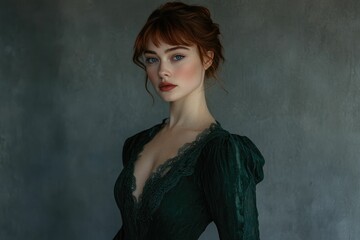 A portrait of a young woman with red hair, wearing an emerald green dress with lace detailing, against a textured grey background.