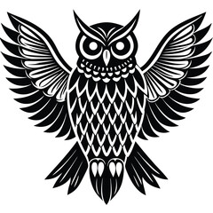 Obraz premium Vector illustration of snowy owl silhouette, black, white, symmetrical bird, profile design