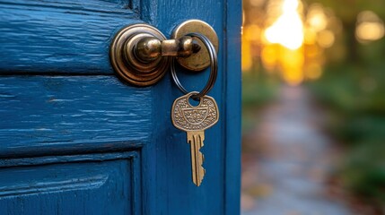Key in a blue door, gateway to freedom