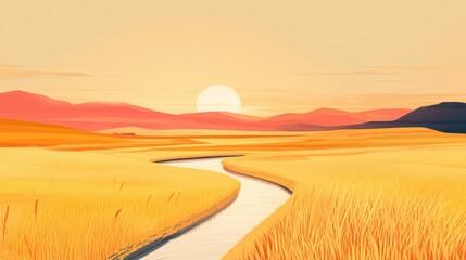 Fototapeta premium Endless rice fields under golden hour skies, a narrow river winding silently through the rural landscape