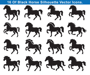 bundle pack of 16 horse silhouette vector Set of Black Running Horse icons Silhouettes on White Background