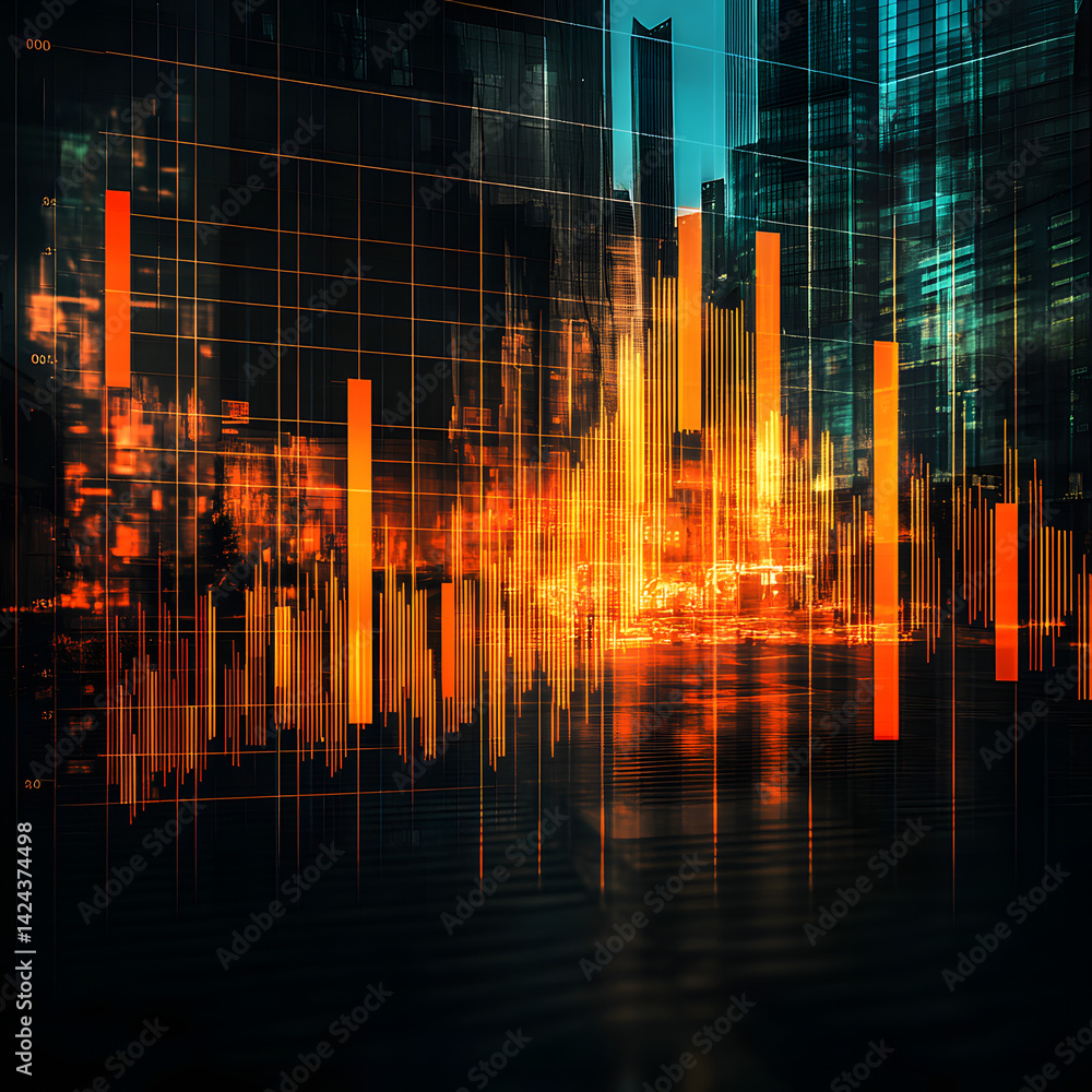 Poster digital indicators and declining graphs of a market crash superimpose over a contemporary scene. con
