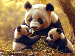 Gentle moment of mother panda teaching her cubs how eat bamboo properly nurturing nature of mother curiosity of cubs highlighted vibrant detail soft lighting enhancing educational and familial theme