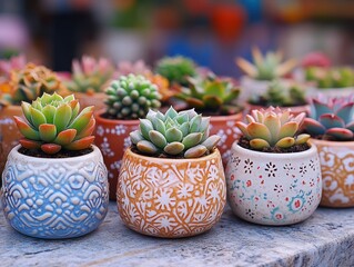 Succulent plants in patterned, colorful pots