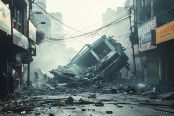 Collapsed buildings and debris on a city street after a devastating earthquake with smoke and destruction