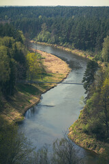 A scenic view of a winding river surrounded by lush green forest and grassy riverbanks, captured from an elevated vantage point on a sunny day.
