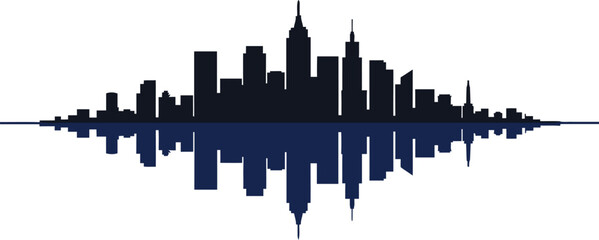 City skyline silhouette with mirrored reflection in black and navy blue vector illustration